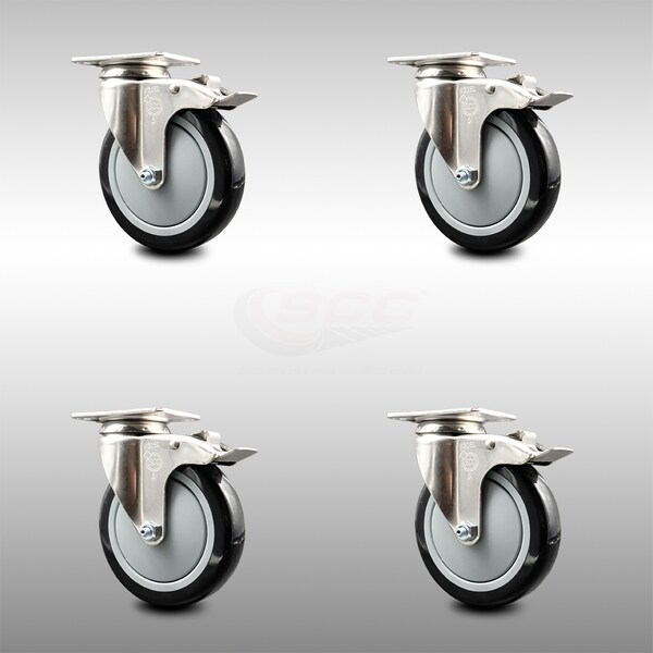 5 Inch 316SS Black Polyurethane Swivel Top Plate Caster Set Total Lock Brake SCC